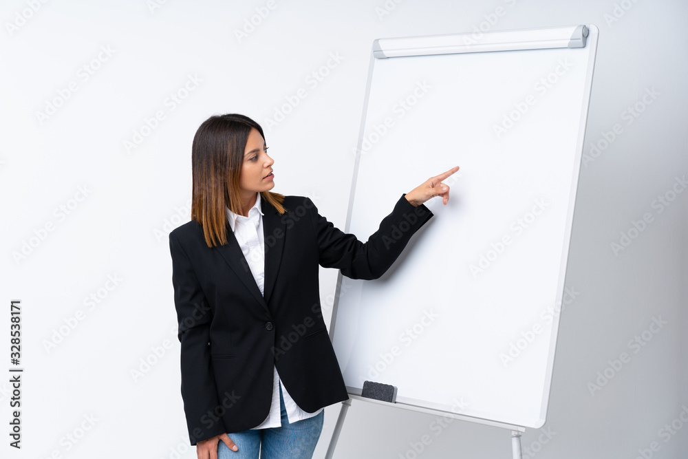 Young woman giving a presentation on white board giving a presentation on white board Young woman giving a presentation on white board giving a presentation on white board