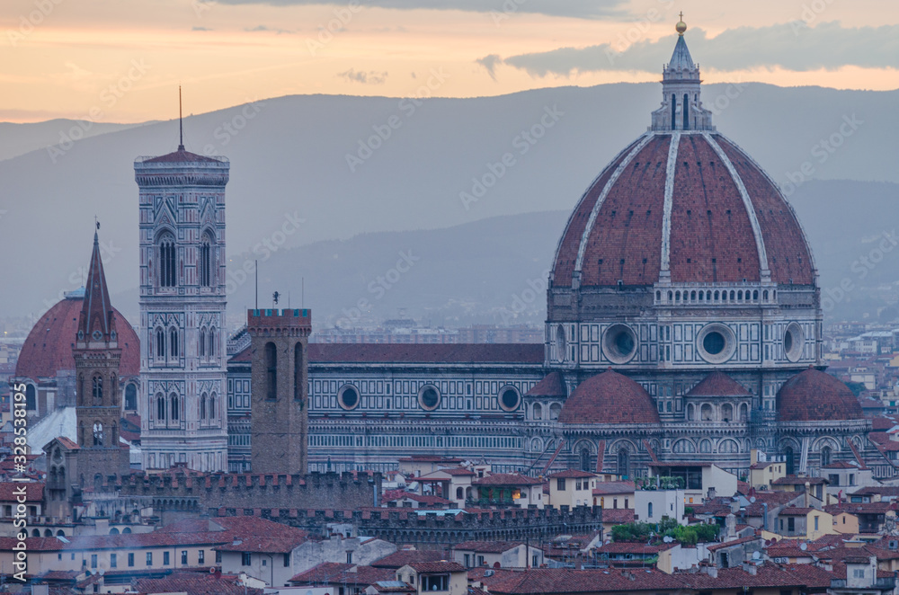 Fototapeta premium Amazing view of Duomo Cathedral of Santa Maria del Fiore from Campanile di Giotto bell tower in Florence Italy