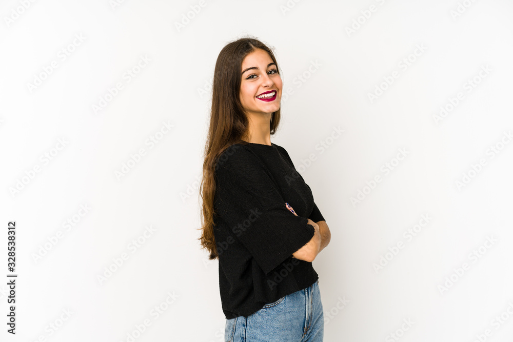 Young caucasian woman isolated on white background happy, smiling and cheerful. Young caucasian woman isolated on white background happy, smiling and cheerful.