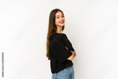 Young caucasian woman isolated on white background happy, smiling and cheerful. © Asier
