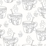 Vector seamless pattern doodle cartoon cup. Ink style. Black and white illustration isolated on white background. It can be used as a print, on cards and bags, textile, fabric.