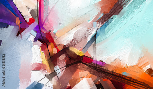 Fototapeta Naklejka Na Ścianę i Meble -  Abstract colorful oil painting on canvas texture. Hand drawn brush stroke, oil color paintings background. Modern art oil paintings with yellow, red color. Abstract contemporary art for background