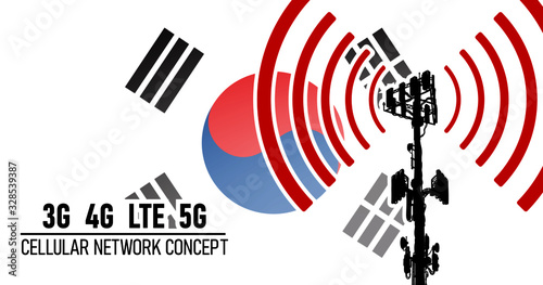 Cellular mobile tower connection network concept for Republic of Korea (South Korea), vector illustration of 3g 4g LTE and 5g dangerous waves from the cell tower, risk of 5G idea in colors blue, red, 
