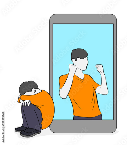 teenager in online networks and in life. success in social networks. disappointment and depression in life. vector illustration.