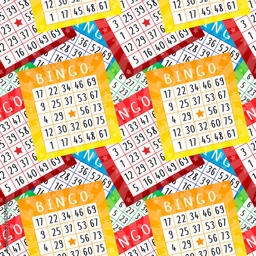 Bingo pattern with red, orange, blue and green tickets. Fun seamless ornament for banners, posters, packets, covers, wallpaper, wrapping paper. Vector illustration