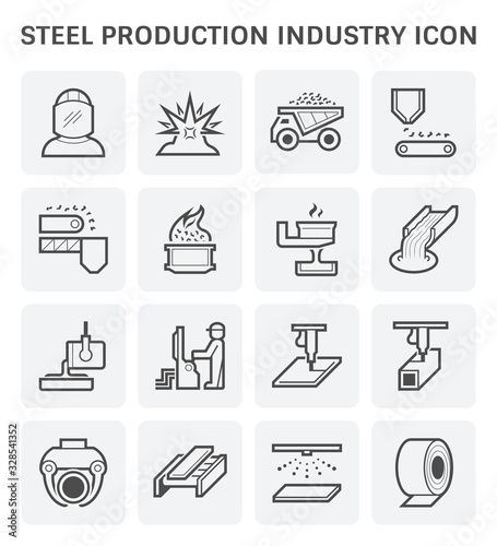 Steel production industry, manufacturing and metallurgy vector icon consist of worker, mining, factory plant and machine i.e. production line, furnace, foundry. Include process to casting product.