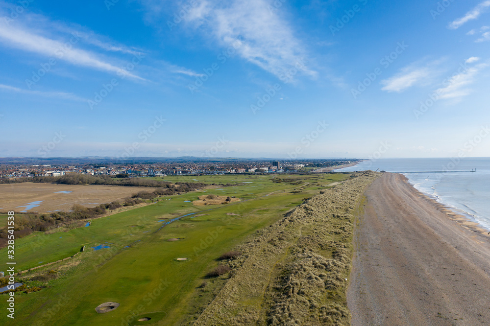 Aerial View along West Beach with the beautiful links Littlehampton Golf Course.