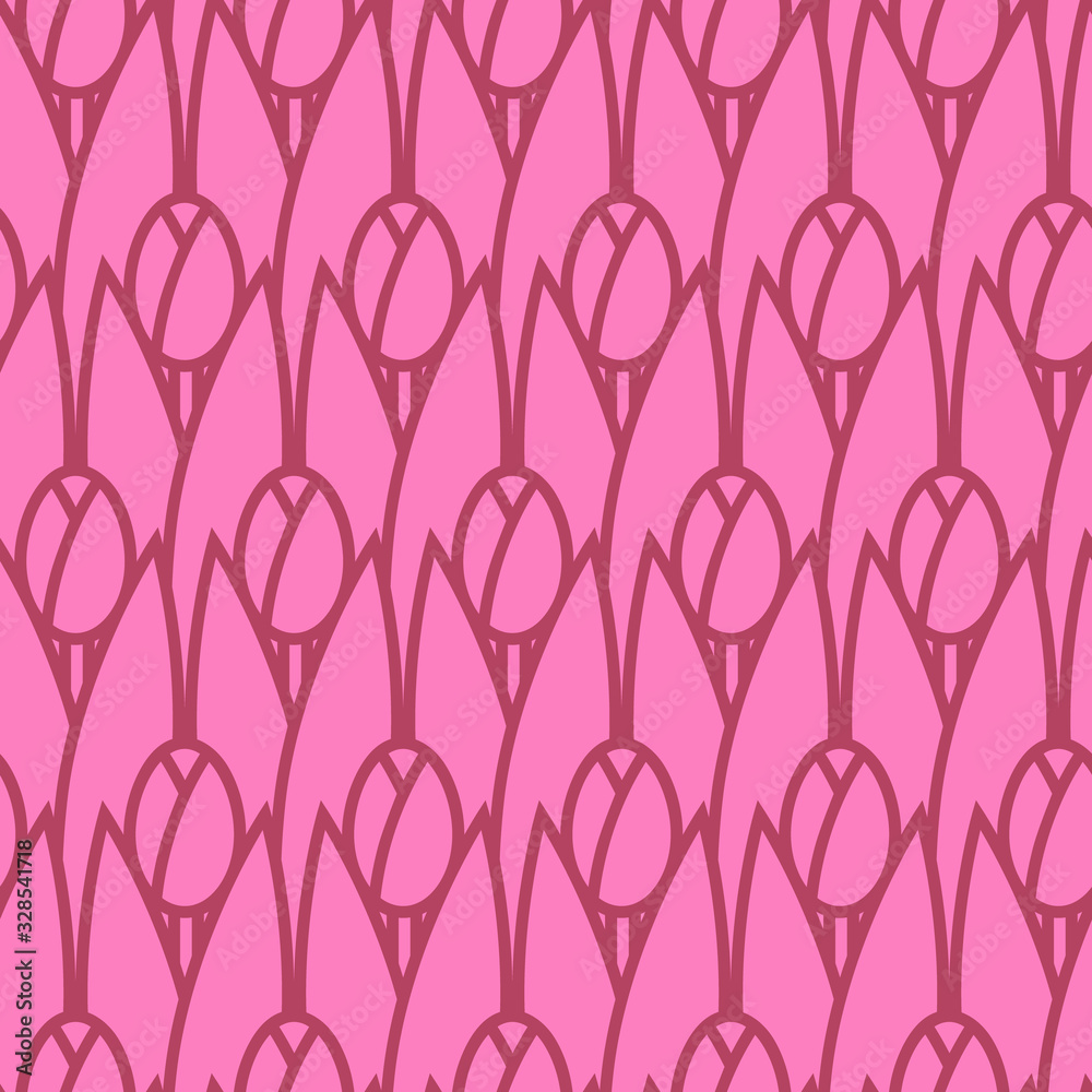 Seamless pattern with geometric tulips. Outline and fill. Spring minimalist pattern for design cards, covers, or wrapping paper for gifts