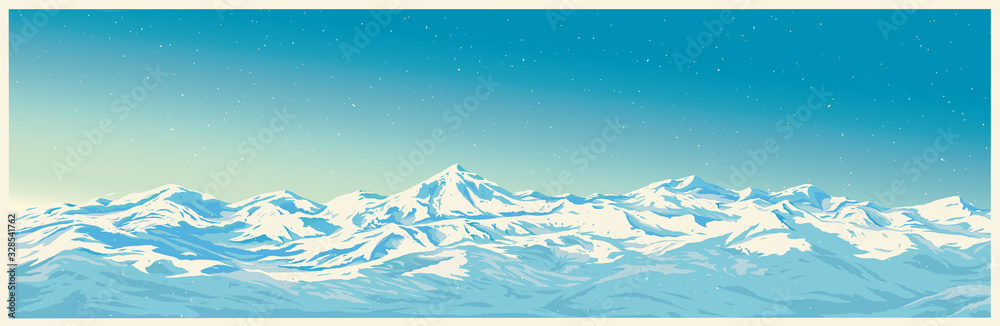 Mountain winter landscape with white peaks of mountains of illustration of a panoramic type.
