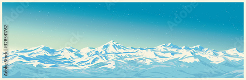 Mountain winter landscape with white peaks of mountains of illustration of a panoramic type.