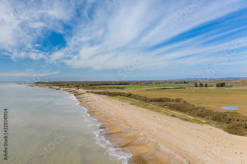 Aerial view of West Beach Littlehampton looking west on a clear and sunny day.