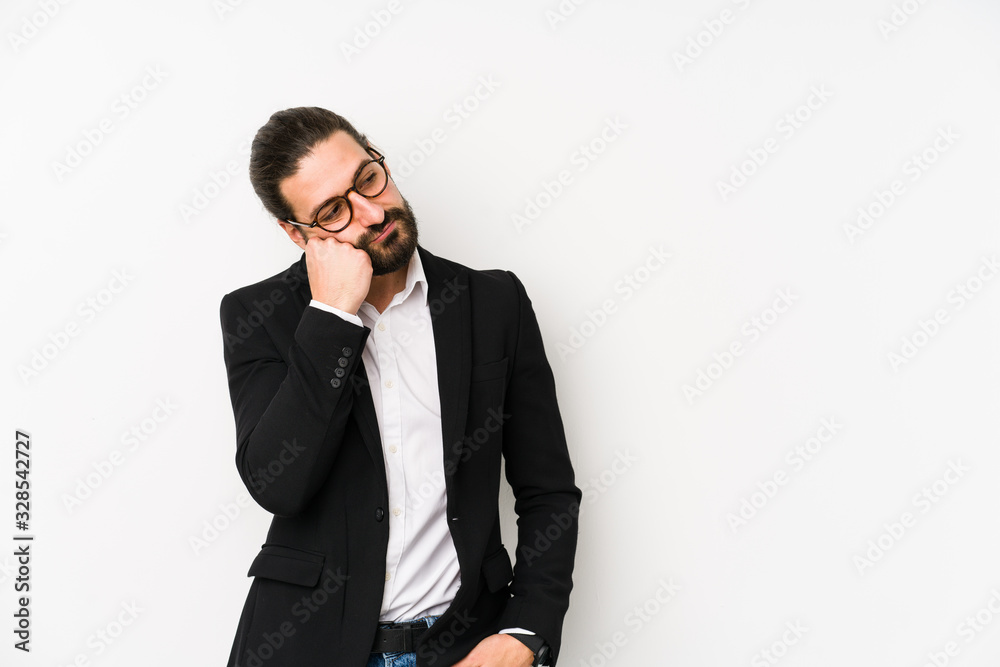 Young caucasian business man isolated on a white background who feels sad and pensive, looking at copy space. Young caucasian business man isolated on a white background who feels sad and pensive, looking at copy space.