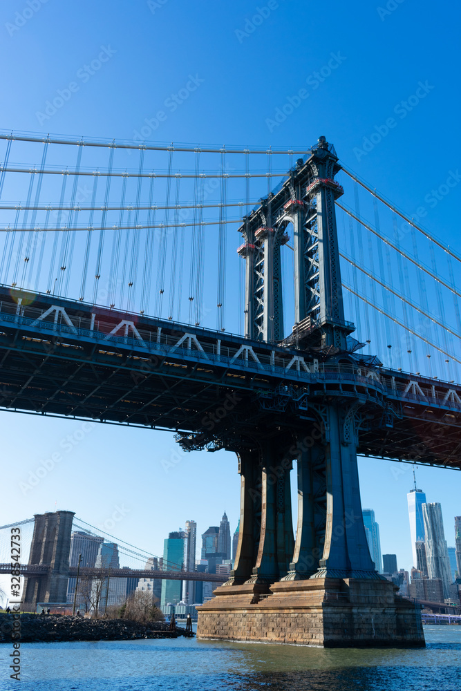 Fototapeta premium The Manhattan Bridge along the East River with the Lower Manhattan Skyline in New York City