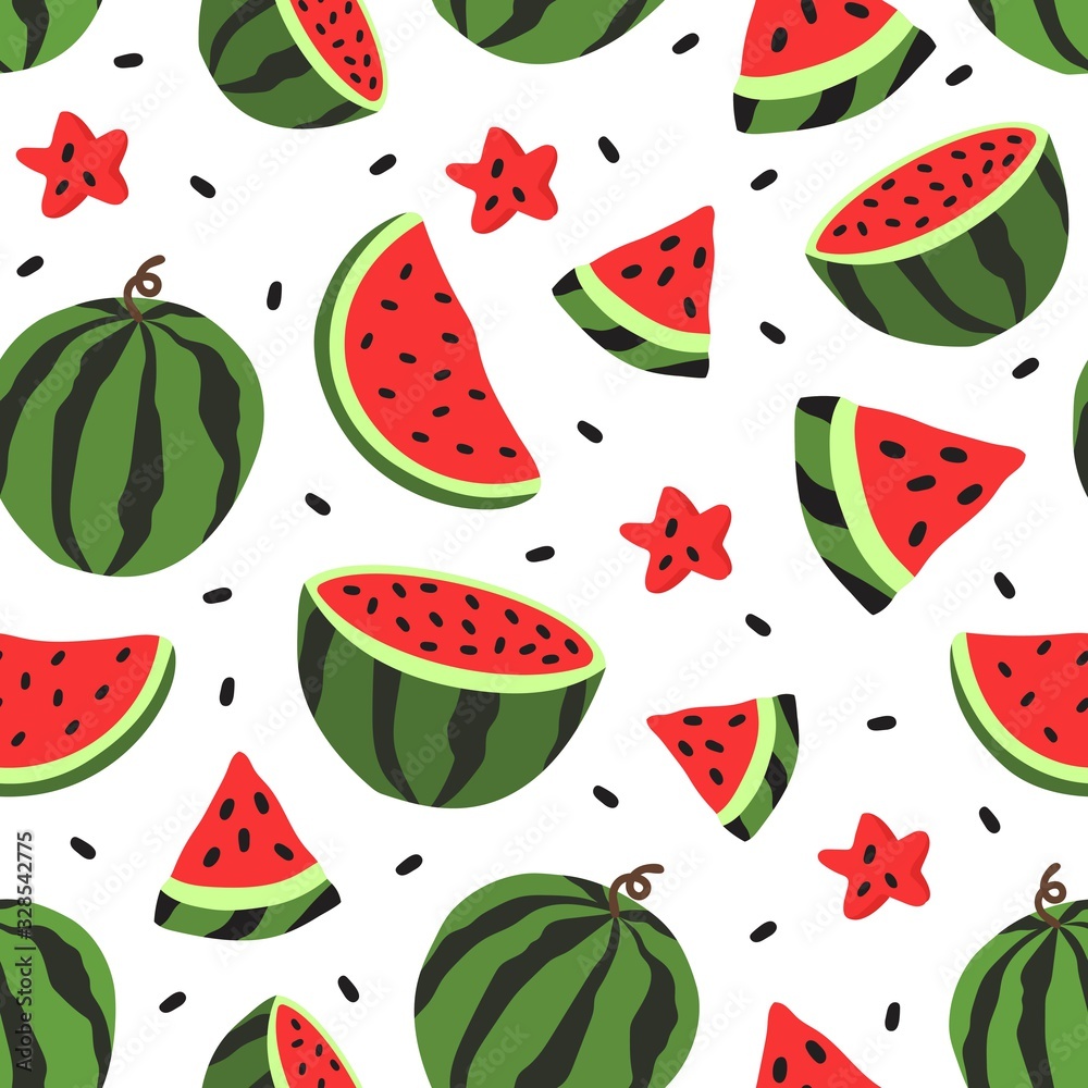 Seamless pattern with watermelon and its slices. Colorful watermelon cut into pieces vector illustration for print, fabric and textile background, packaging and wrapping paper design. Seamless pattern with watermelon and its slices. Colorful watermelon cut into pieces vector illustration for print, fabric and textile background, packaging and wrapping paper design.