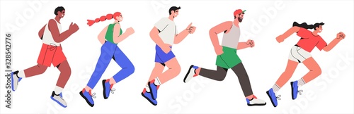 Vector illustration of runners running spring or summer marathon or jogging isolated on a white background in a trendy style. Healthy lifestyle and fitness.