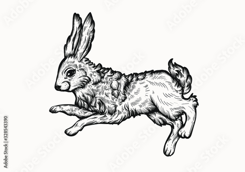 Easter rabbit isolated vector illustration in linocut style. Vintage stamp design of a bunny for print. Use for your creative graphic design projects, lithographs, postcards, invitations, tattoos.