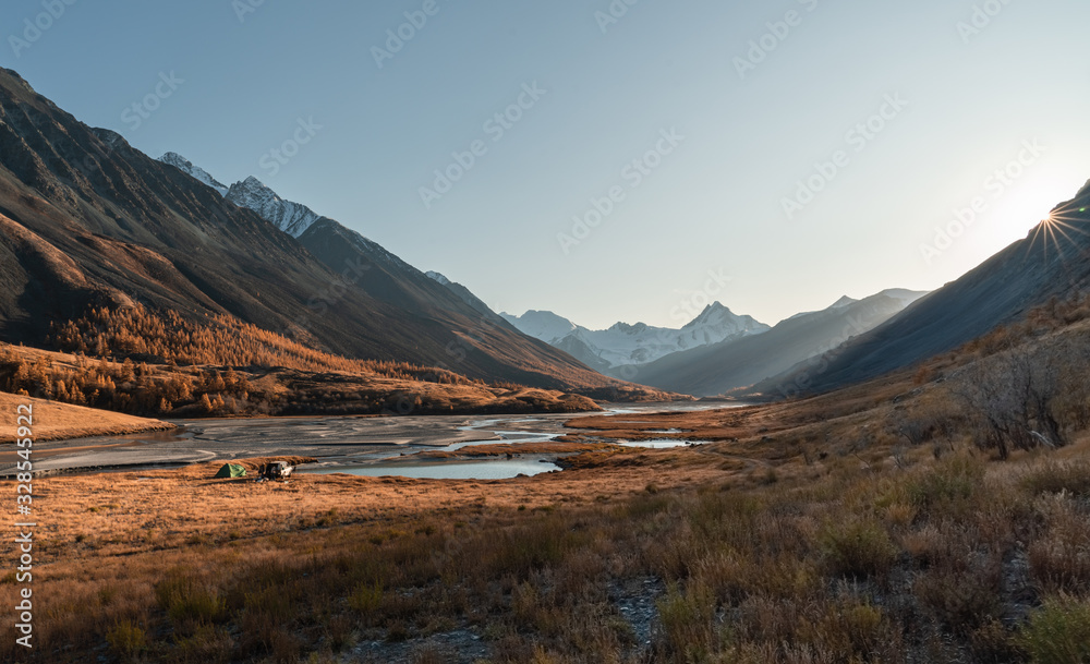 Fototapeta premium Mountain autumn landscape and river