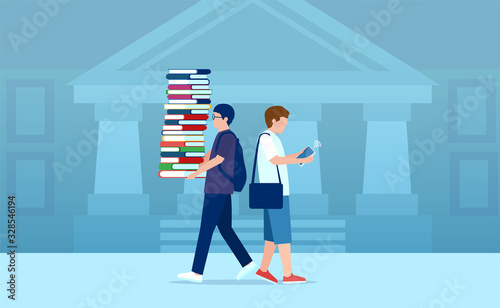 Vector of a student holding pile of books while another tablet reader.