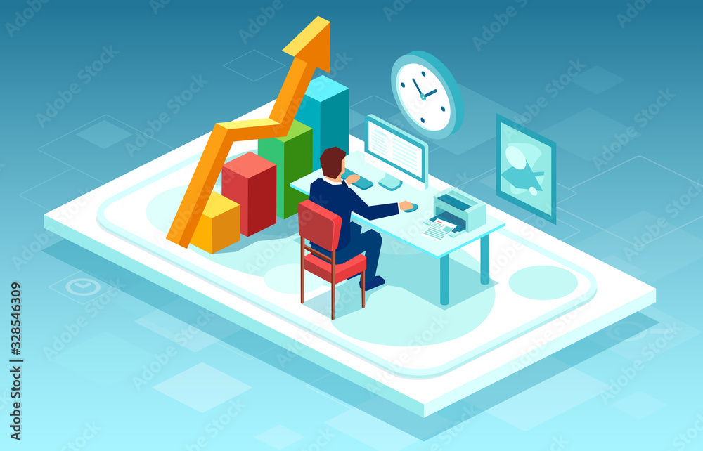 Vector of a business man or stock market trader working on computer at his office desk Vector of a business man or stock market trader working on computer at his office desk