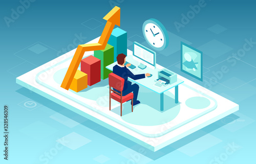 Vector of a business man or stock market trader working on computer at his office desk