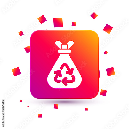 White Garbage bag with recycle symbol icon isolated on white background. Trash can icon. Recycle basket sign. Square color button. Vector Illustration