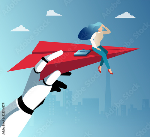 Vector of a robot hand holding paper plane with a female student helping her to take off