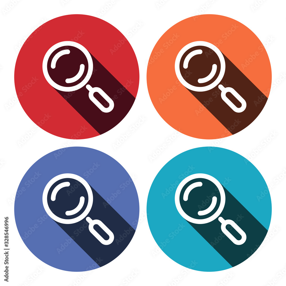 Magnifier glass sign icon. Zoom tool button. Navigation search symbol. Circle buttons with long shadow. 4 icons set. Vector Magnifier glass sign icon. Zoom tool button. Navigation search symbol. Circle buttons with long shadow. 4 icons set. Vector