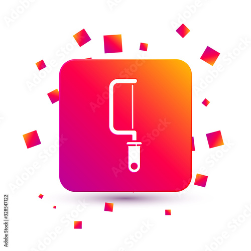 White Hacksaw icon isolated on white background. Metal saw for wood and metal. Square color button. Vector Illustration