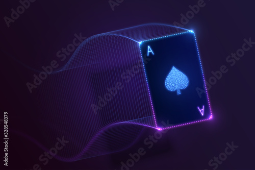Ace of spades flying, glowing neon card with lights. Vector design