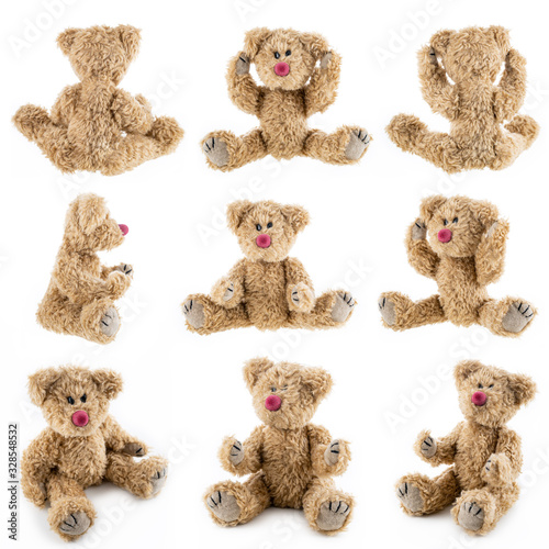 Brown teddy bear sitting in different positions