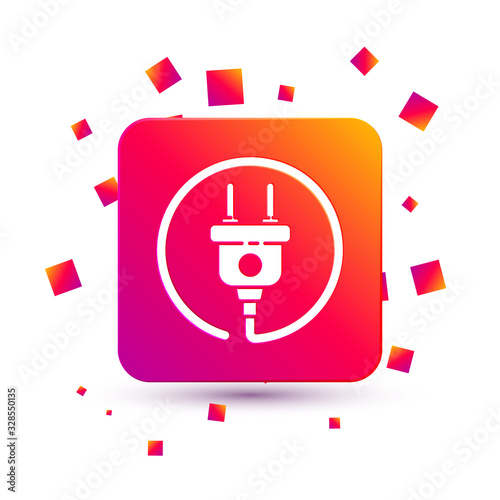 White Electric plug icon isolated on white background. Concept of connection and disconnection of the electricity. Square color button. Vector Illustration