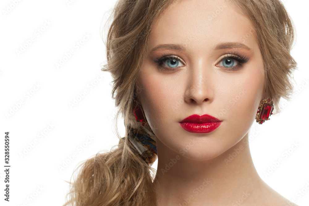 Blonde woman with makeup, beautiful female face closeup isolated Blonde woman with makeup, beautiful female face closeup isolated