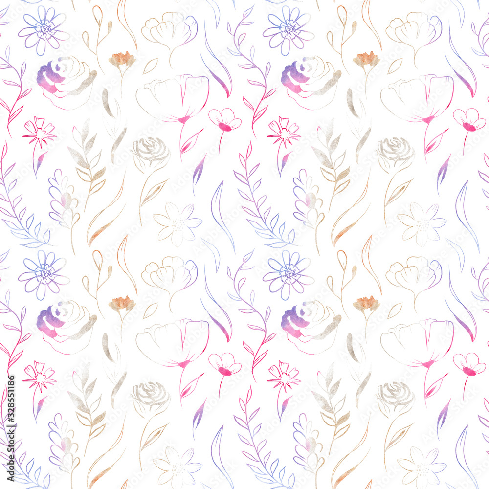 watercolor and gold flowers and plants - seamless pattern. Pink, purple and blue watercolor and gold flowers and plants - seamless pattern. Pink, purple and blue