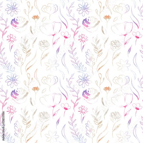 watercolor and gold flowers and plants - seamless pattern. Pink, purple and blue
