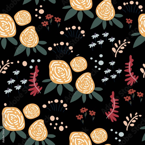 Seamless pattern with simple flowers, leaves. Plants