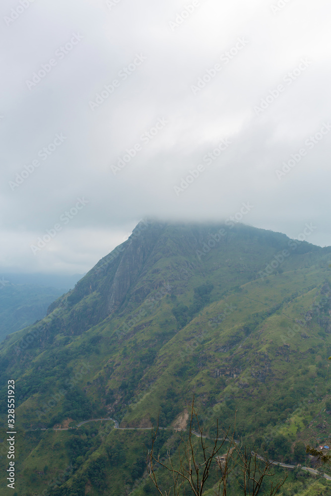 Mountain landscape, green slopes. Beauty of mountains. Little Adam peak, mountain in the fog view from the jungle
