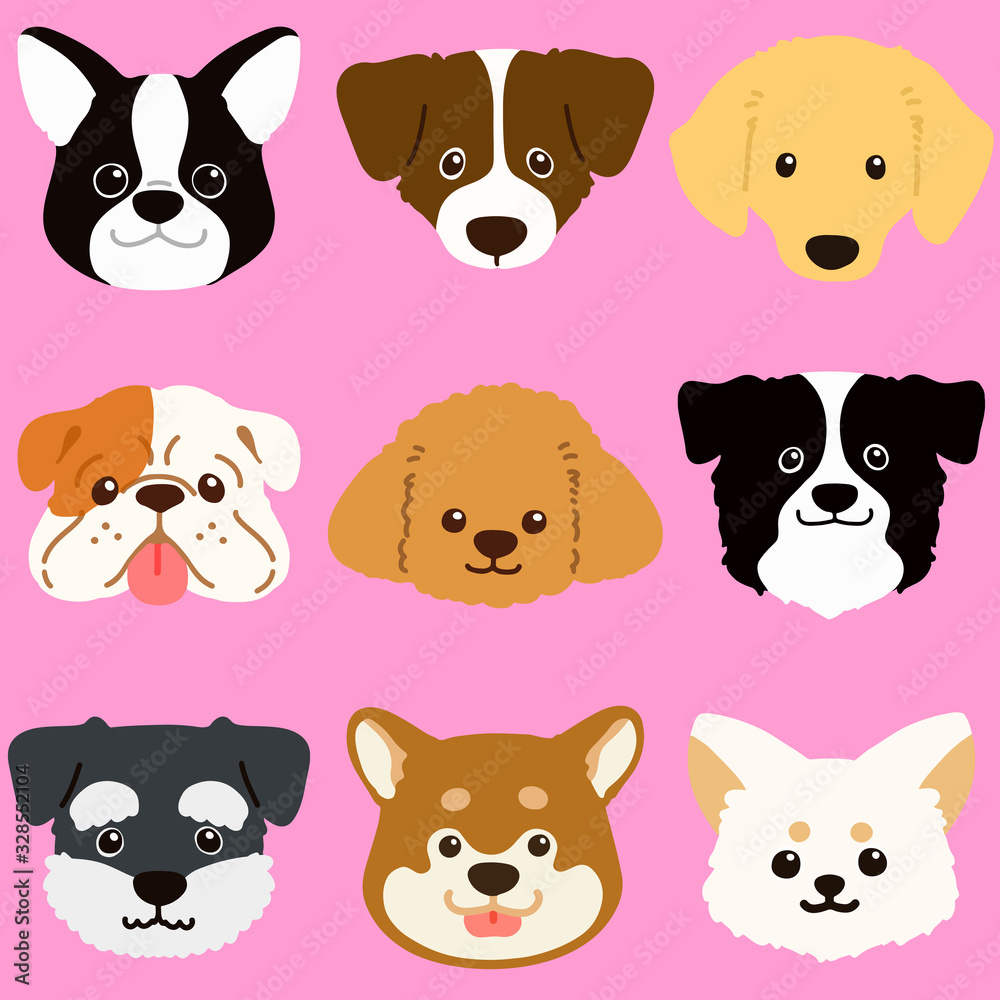 Set of flat colored dog face illustrations 
