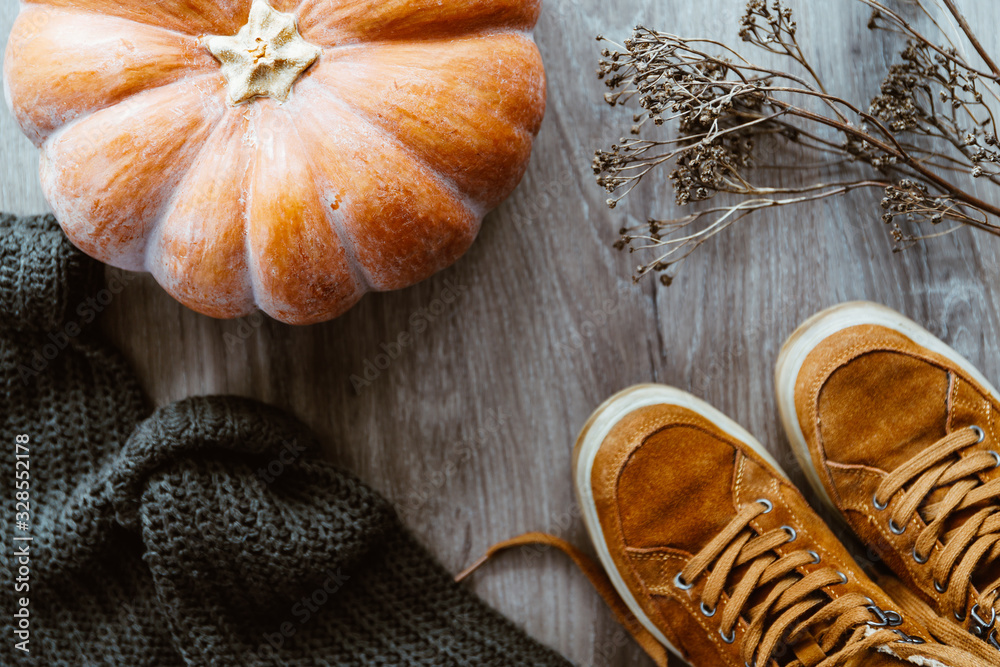 View from above on an autumn sweate, suede orange sneakers and pumpkin. View from above on an autumn sweate, suede orange sneakers and pumpkin.