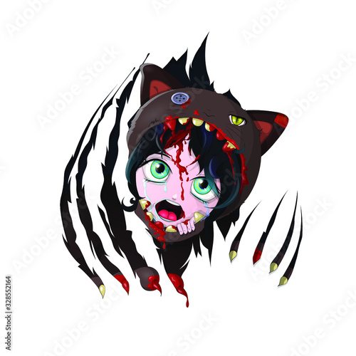 Vector illustration in anime. Kigurumi-the cat that swallowed the girl breaks out. EPS 10