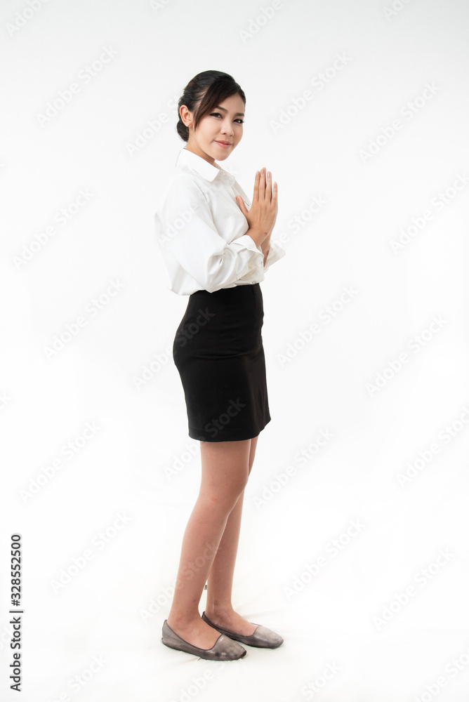 Happy young asian woman with Thai culture Sawasdee,Welcome expression Sawasdee with blank copyspace area for text or slogan,Portrait of beautiful Asian woman,Thai girl,isolated on white background Happy young asian woman with Thai culture Sawasdee,Welcome expression Sawasdee with blank copyspace area for text or slogan,Portrait of beautiful Asian woman,Thai girl,isolated on white background