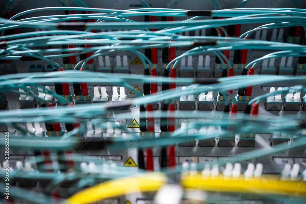 fiber optic cables pluged in patch panel fiber optic cables pluged in patch panel