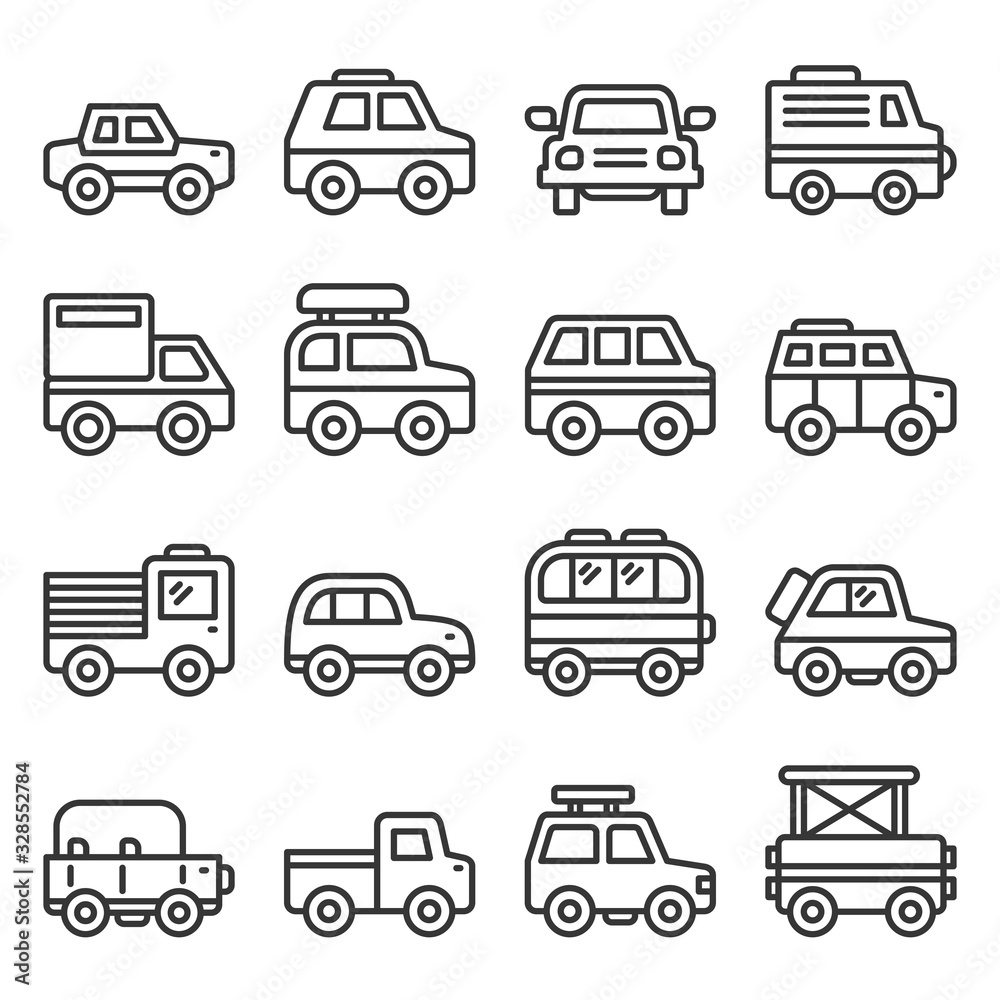 Car Icons Set on White Background. Line Style Vector Car Icons Set on White Background. Line Style Vector