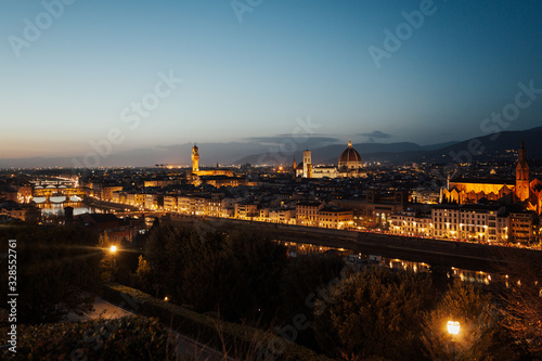 Cathedral Santa Maria of Flowers, Palazzo Vecchio, Duomo, Florence, Tuscany, Italy, Europe. Two Master Pieces of Monuments are glowing over the town in the Night. City in the lights.