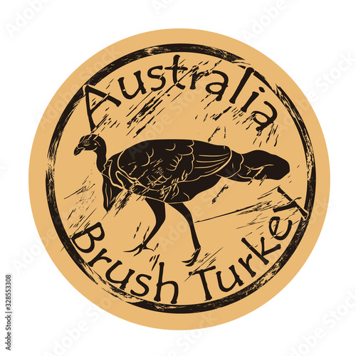 Brush turkey bird silhouette icon round shabby emblem design old retro style. Australian Brush-turkey in full growth logo mail stamp on craft paper grunge sign. Cuvier's brushturkey. Fauna Australia.