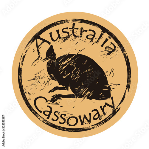 Cassowary bird silhouette icon round shabby emblem design old retro style. Southern Cassowary in full growth logo mail stamp on craft paper vintage grunge sign. The largest flightless bird on planet.