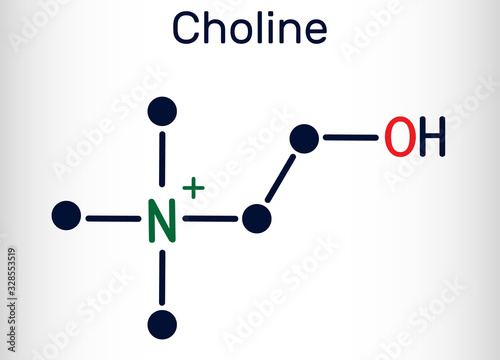 Choline,  C5H14NO+.vitamin-like essential nutrien molecule. It is a constituent of lecithin. Structural chemical formula and molecule model