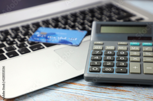 keyboard, credit card and calculator on the table, business and finance concept