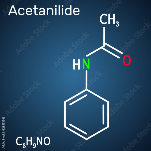 Acetanilide, C8H9NO, drug molecule. It has analgesic and fever-reducing properties. Structural chemical formula on the dark blue background