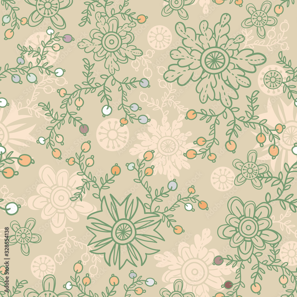 Fototapeta premium Cute floral seamless pattern. Vector background with flowers and leaves.