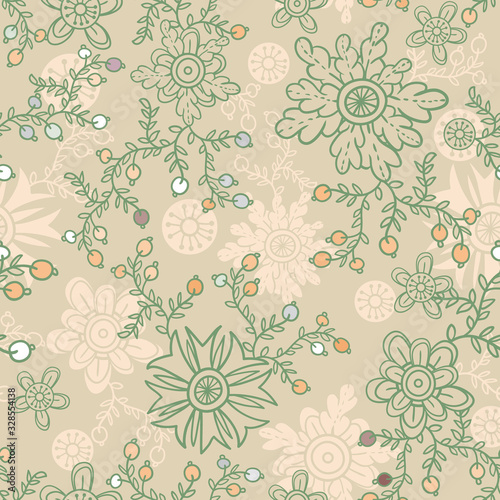 Cute floral seamless pattern. Vector background with flowers and leaves.